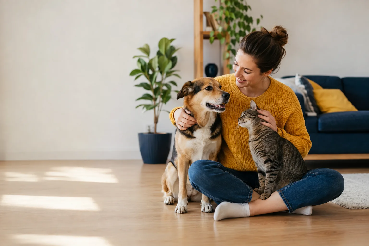 Tierhalterin mit gesundem Hund und Katze in einem hellen Zuhause